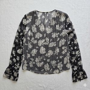 Jessica Simpson Floral Long-Sleeve Blouse - Black & Cream Metallic Womens L #144
